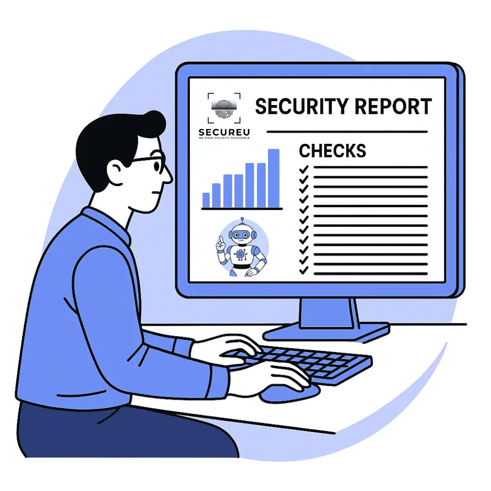 Security professional reviewing VAPT security report with AI-powered vulnerability checks and analytics - SECUREU